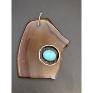 Vintage Modernist Sterling Silver Banded Agate Pendant Turquoise Shadowbox 28g